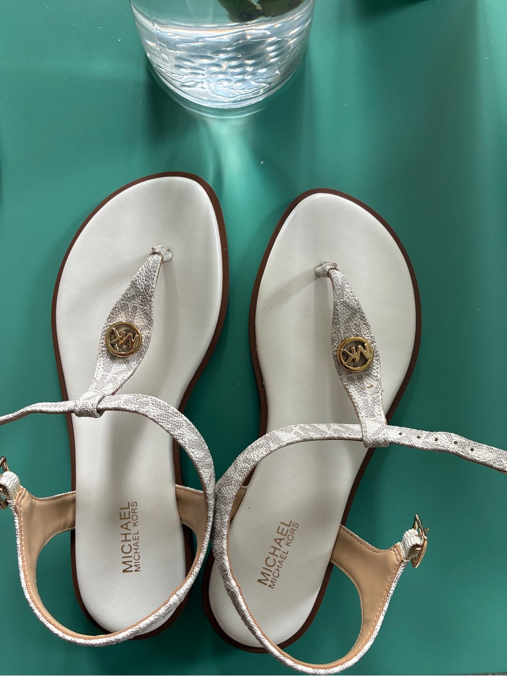 MICHAEL Michael Kors White and Gold Logo Thong Sandals with Tan Trim